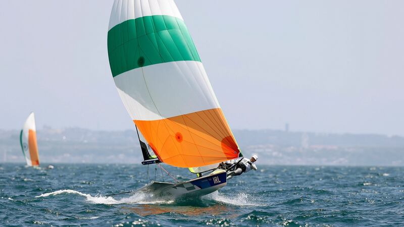 Ireland’s Robert Dickson and Sean Waddilove in the men’s 49er event on Thursday. Photo: Dave Branigan/Inpho
