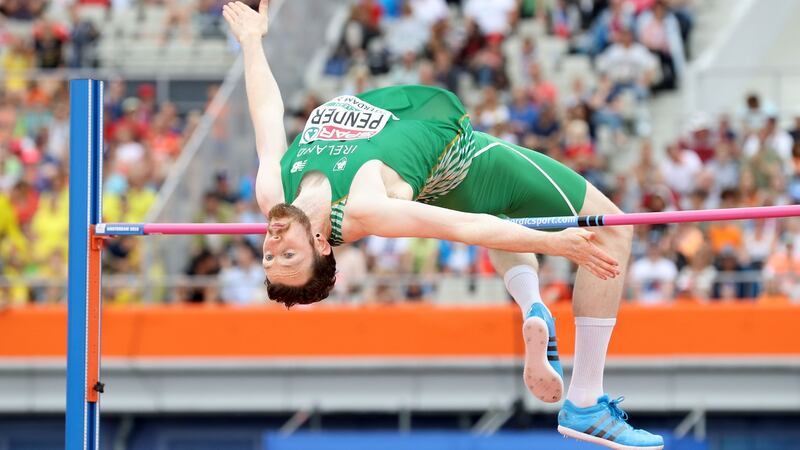 Ireland’s Barry Pender in action during the men’s high jump qualifying rounds at the European Athletic Championships at the Olympic Stadium, Amsterdam. Photograph: Martin Rickett/PA Wire