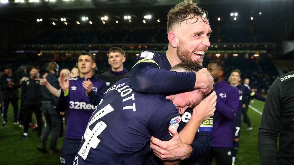 Ireland defender Richard Keogh celebrates Derby’s win over Leeds with Jack Marriott. Photograph: Nick Potts/PA
