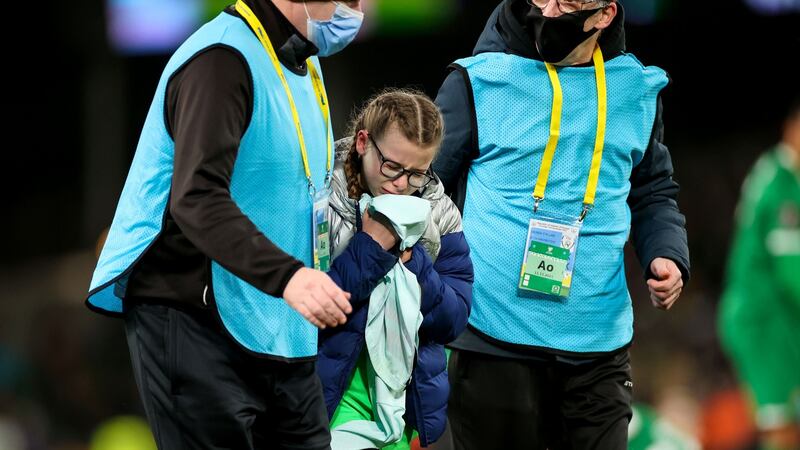 The fifth class student said she had been nervous, but she now has his shirt ‘it’s right beside me. I don’t want to try it on.’ Photograph: James Crombie/INPHO