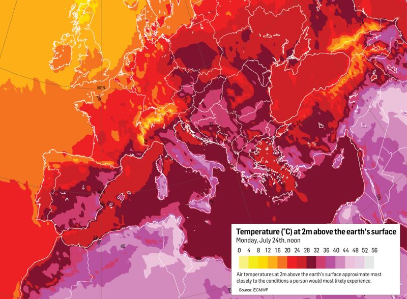 Temperatures at 2m above Earth's surface on July 24th, 2023. Source: ECMWF