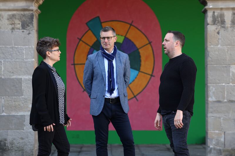 Emily Howard, composer, Prof Mark Cunningham, neurophysiologist, and Owen Boss, co-artistic director of ANU Productions, The three collaborated to create The Wernicke’s Area. Photograph: Dara Mac Dónaill