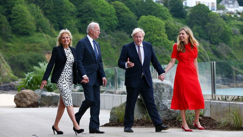 UK prime minister Boris Johnson and US president Joe Biden with their wives, Jill Biden and Carrie Johnson, during their bilateral meeting in Carbis Bay, Cornwall. Photographer: Hollie Adams/Bloomberg