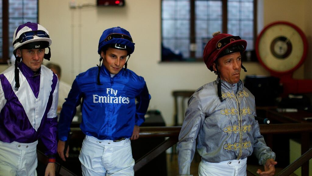 Frankie Dettori (right) with William Buick (centre) and Robert Havlin at Newmarket racecourse over the weekend. Photograph: Alan Crowhurst/Getty Images