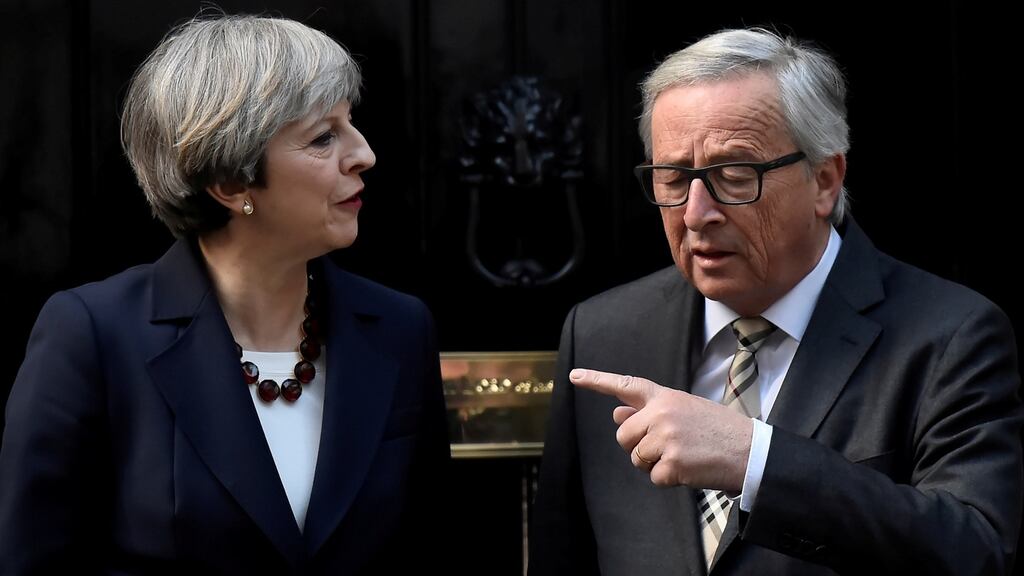 Britain’s prime minister Theresa May with head of the European Commission Jean-Claude Juncker at Downing Street, London, on April 26th. Photograph: Hannah McKay/Reuters
