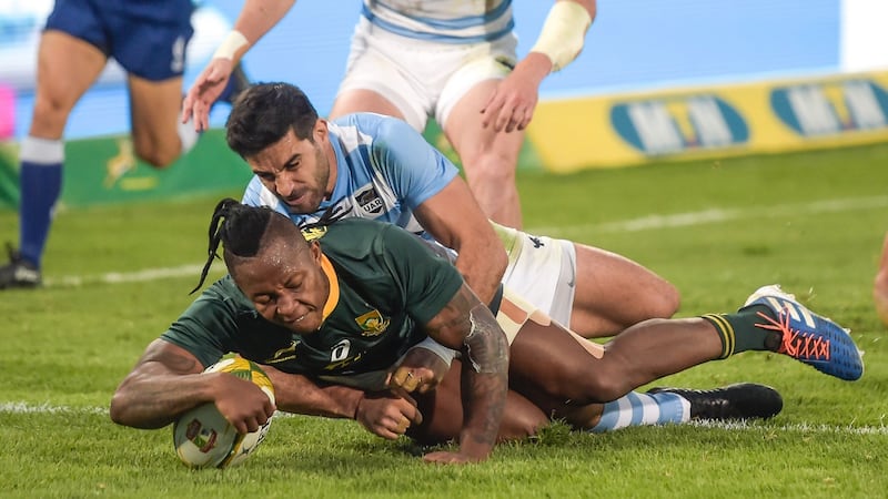 South Africa wing S’bu Nkosi  scores a try during the   World Cup warm-up test match   against Argentina at the Loftus Versfeld Stadium in Pretoria, on August 17th, 2019. Photograph: Christian Kotze/AFP