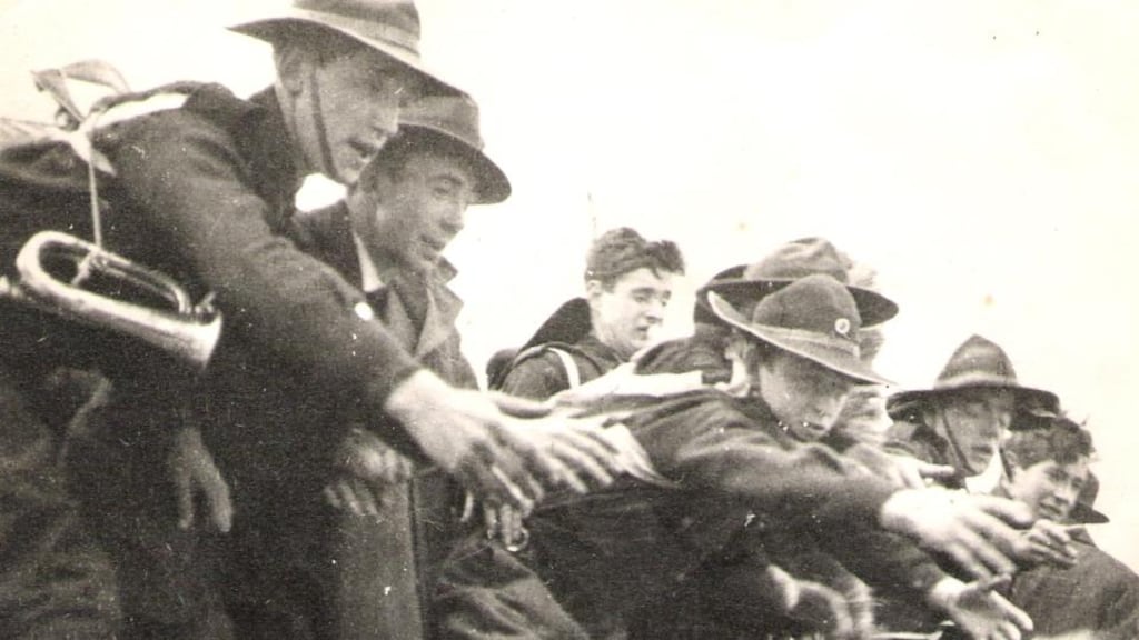 1916 and Me: Ciarán Holahan’s grandfather (with the bugle) collecting arms from the Asgard in Howth in 1914. Photograph: Family collection