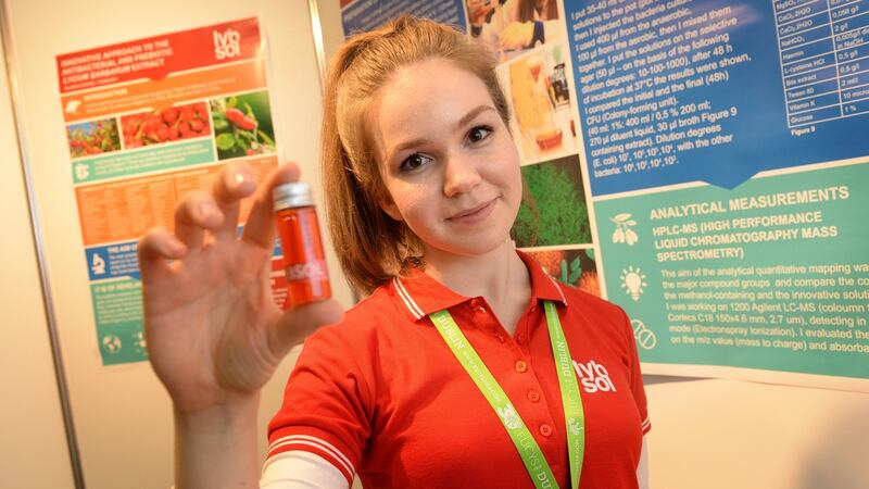 Blanka Novak from Hungary, with her antimicrobial compound from the goji berry, at the European Union Contest for Young Scientists, at the RDS, Dublin. Photograph: Dara Mac Dónaill / The Irish Times