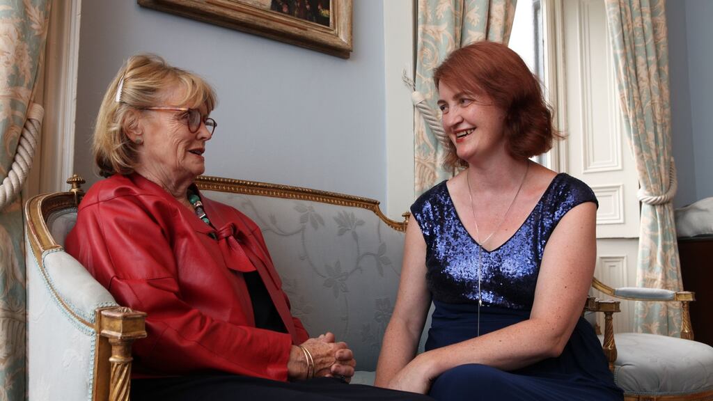 Emma Donoghue (right) was presented with this year’s AWB Vincent Literary Award by Marie Heaney. Photograph: Aengus McMahon