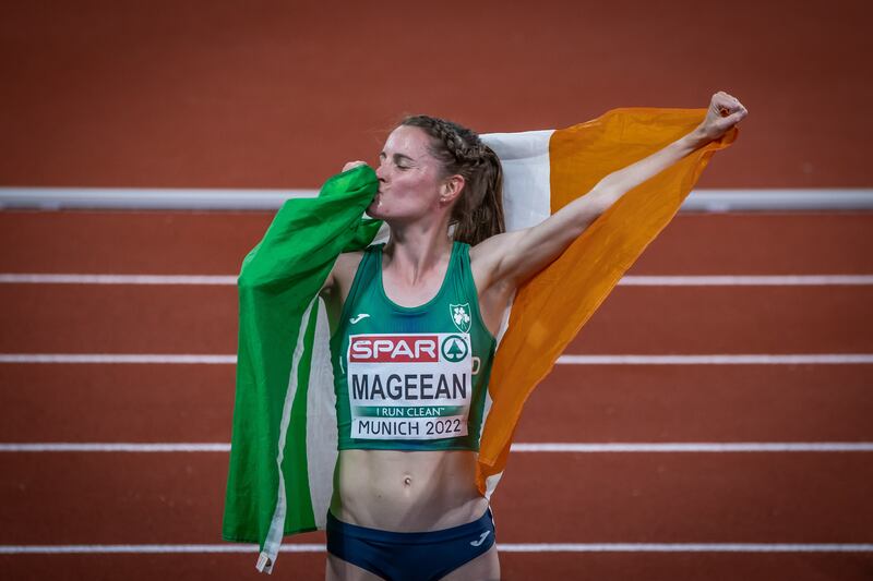 Ciara Mageean celebrates her silver medal win in the 1500m final at the 2022 European Championships at the Olympicstadion, Munich, Germany. Photograph: Morgan Treacy/Inpho