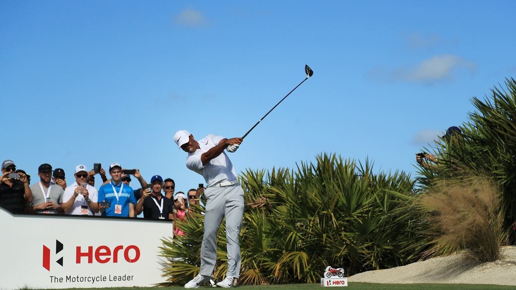 Tiger Woods plays his shot from the fourth tee during the second round of the Hero World Challenge at Albany, Bahamas. Photo: Mike Ehrmann/Getty Images
