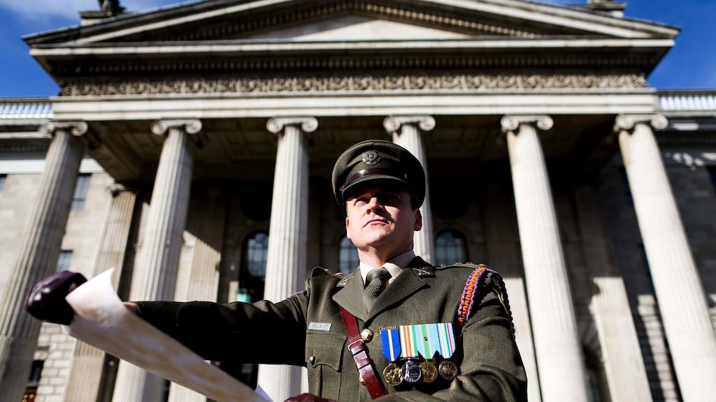 Capt Peter Kelleher reading the Proclamation at the GPO, Dublin, last year. Photograph: Maxwells