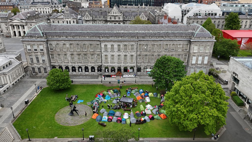 Students taking part in an encampment protest over the Gaza conflict on the grounds of Trinity College in Dublin. Photograph: Niall Carson/PA Wire