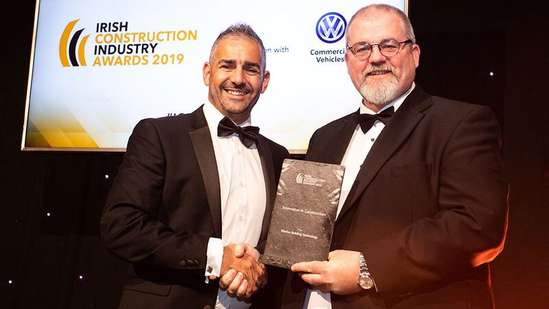 Michael Duff, Awards Judge presents the Innovation in Construction award to Paul Galvin, Glavloc Building Technology.
