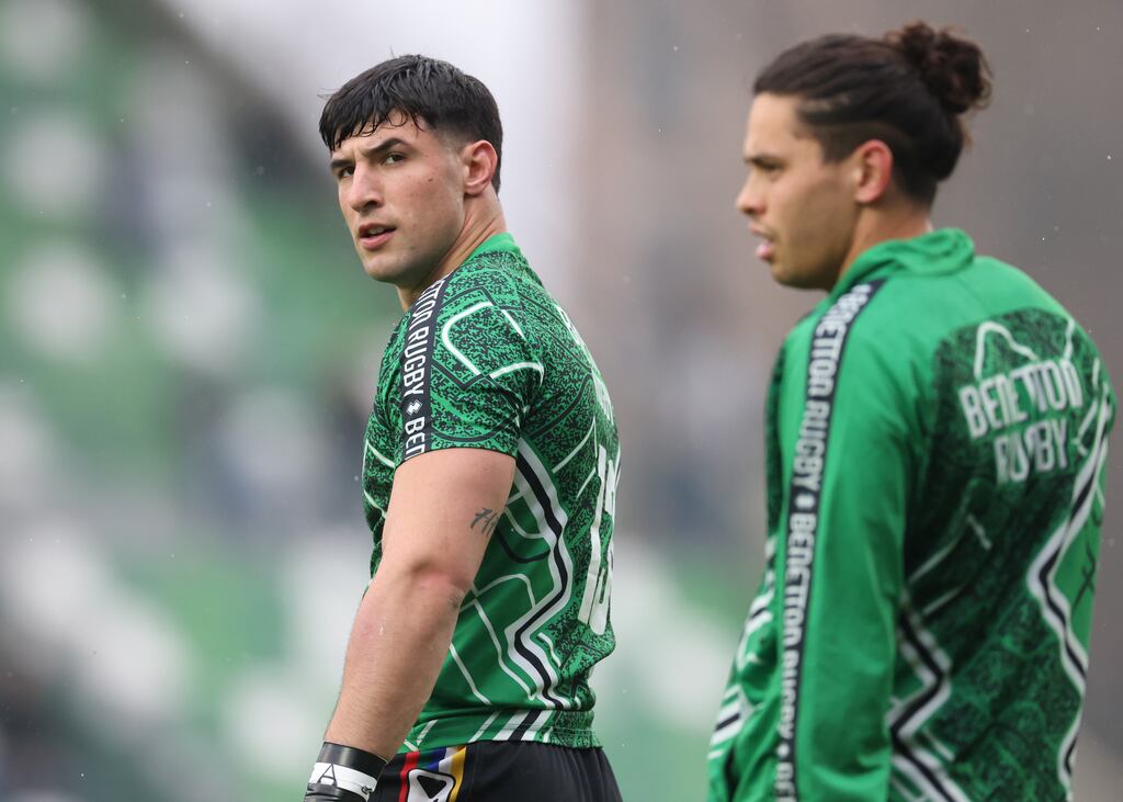 Tommaso Menoncello of Benetton warms up for the URC match between Benetton Rugby and Edinburgh in Treviso on March 22nd. Photograph: Timothy Rogers/Getty Images