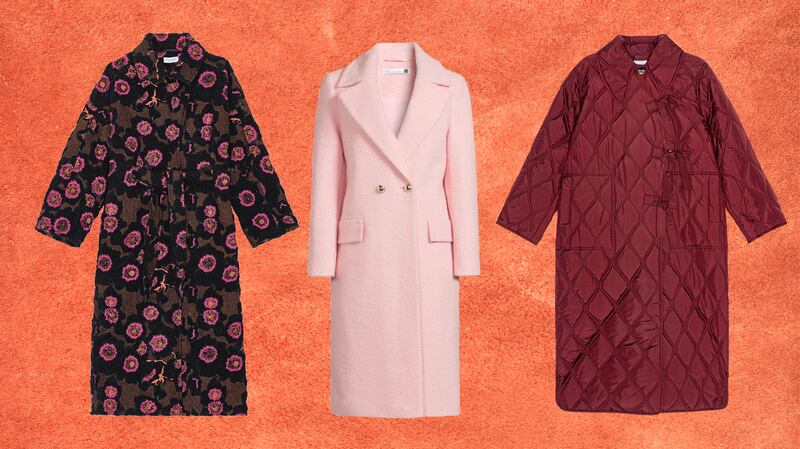 Floral coat, €670, Hofman Copenhagen; Boucle coat, €90, Lucy Mecklenburgh, Very; Quilted coat, €375, Ganni.