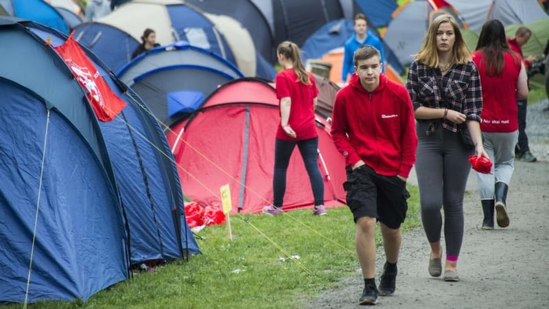 Activists of the Norwegian Labour party youth division (AUF) among their tents at the party’s first summer camp on Utoya island since the 2011 massacre. Photograph: Odd Andersen/AFP/Getty Images