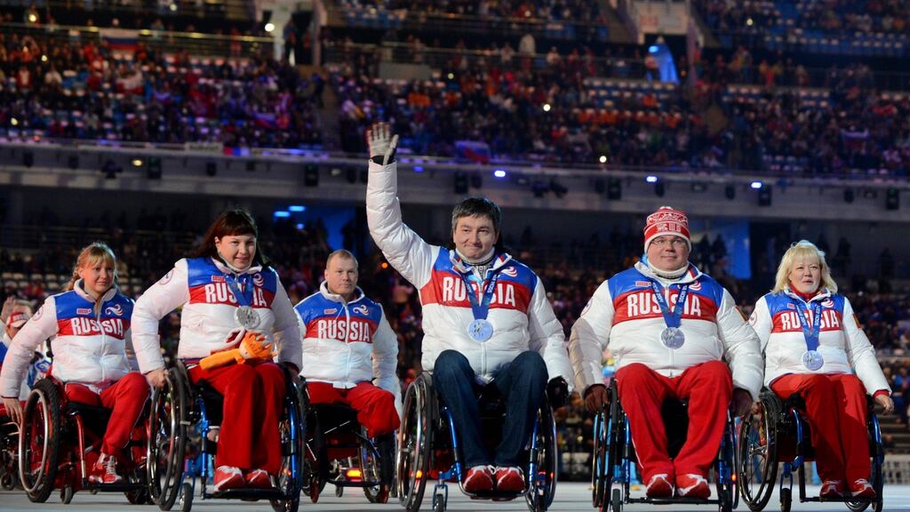 Russia’s delegation attending the closing ceremony of the XI Paralympic Olympic games in Sochi in 2014. Photograph: Kirill Kudryavtsev/AFP/Getty