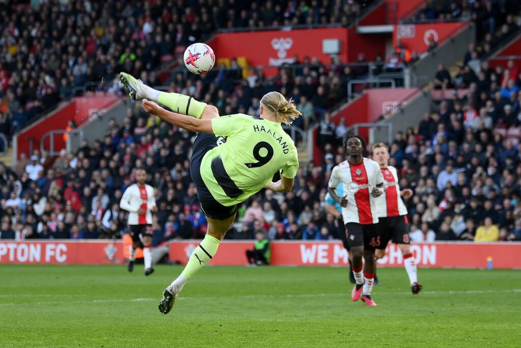 Erling Haaland scores his second goal during the Premier League game against Southampton at St Mary's Stadium. Photograph: Mike Hewitt/Getty Images