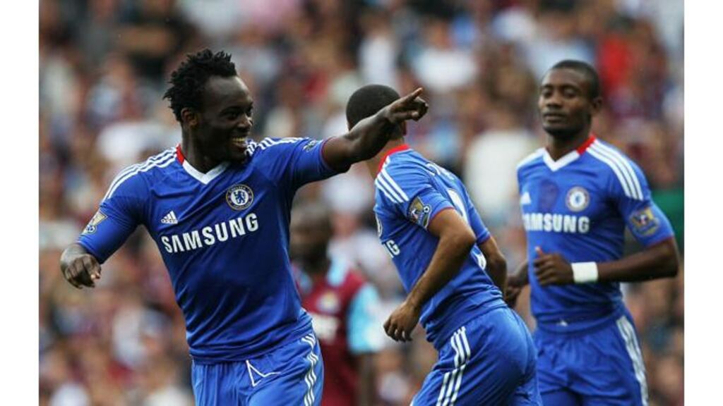 Michael Essien of Chelsea celebrates as he scores their first goal during the Premier League match against West Ham United (Photograph: Hamish Blair/Getty Images)