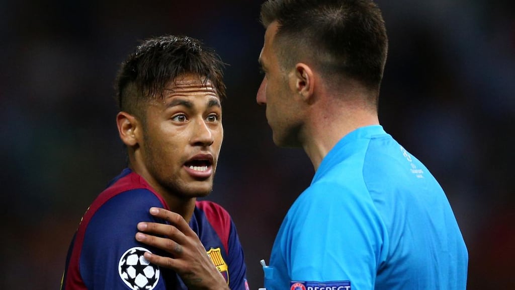 Neymar confronts the assistant referee after his goal was disallowed during the Champions League final between Juventus and Barcelona in 2015. Photograph: Paul Gilham/Getty Images