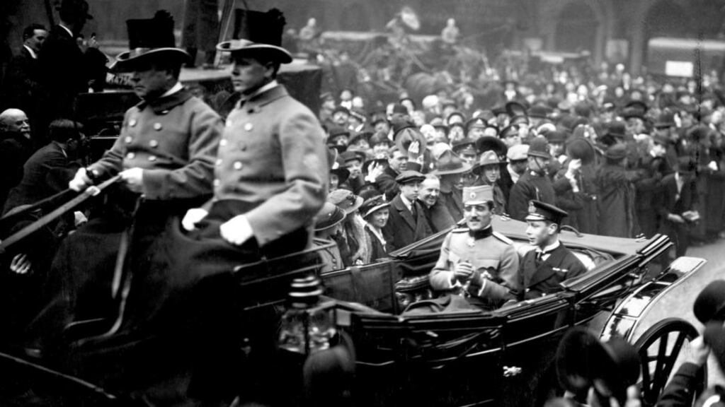 Prince Albert of Britain sharing a carriage with Alexander, Crown Prince of Serbia, in London in 1916. Two years earlier Serbia’s dispute with Austria over the assassination of Archduke Franz Ferdinand in Sarajevo led to the outbreak of the first World War. Photograph: PA Wire