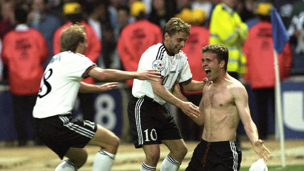 Oliver Bierhoff celebrates scoring the golden goal against the Czech Republic in the final of Euro ’96 at Wembley. Photo: Getty Images