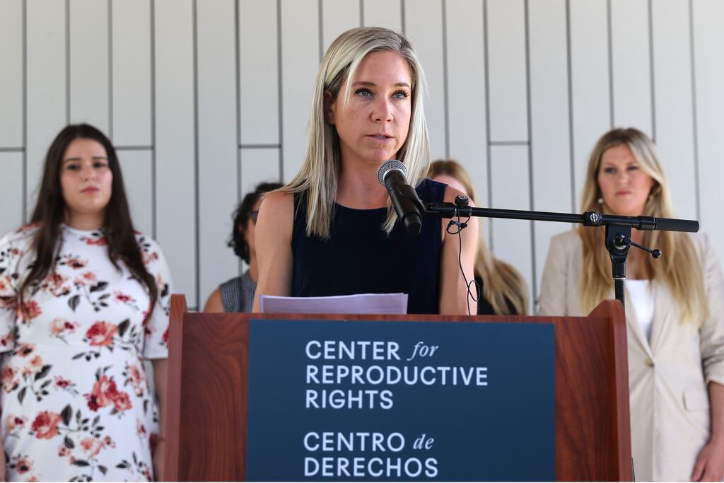 Amanda Zurawski speaks during a press conference at the Travis County Courthouse in Austin, Texas where she and 12 other women are suing the state of Texas for the denial of an abortion in a dire situation. Photograph: Adam Davis/EPA