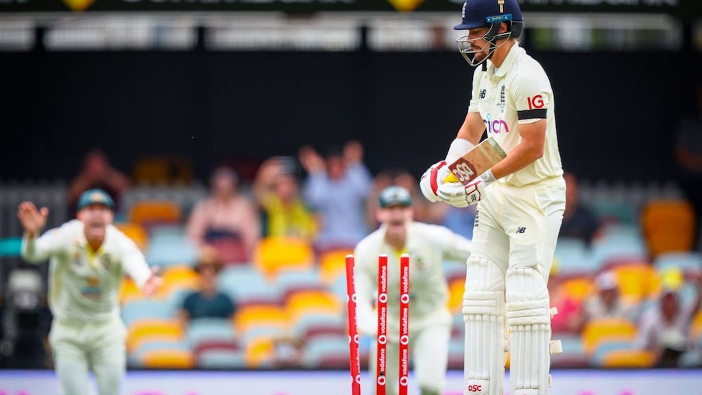England’s Rory Burns is bowled out by Australia’s Mitchell Starc with the first ball of the first Ashes Test at the Gabba. Photo: Patrick Hamilton/AFP via Getty Images