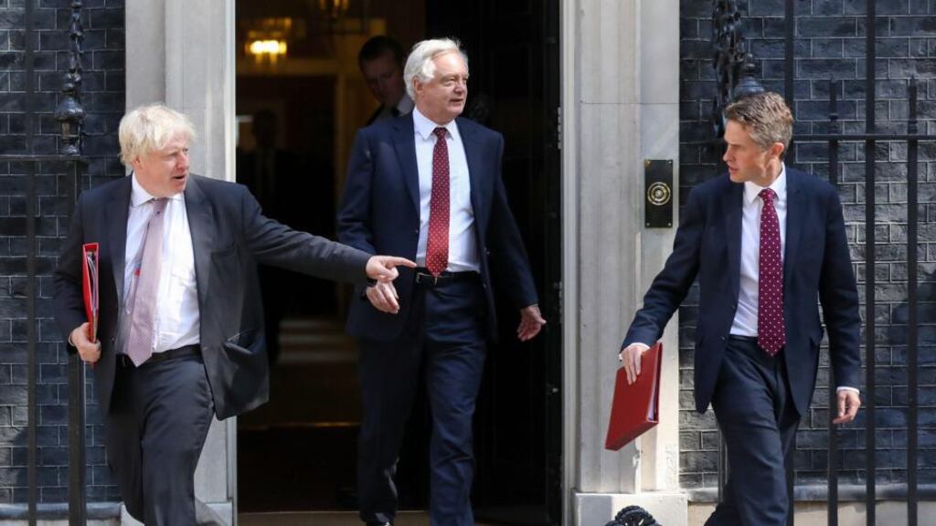 Brexit resignations: Boris Johnson and David Davis (with defence secretary Gavin Williamson, right) leave Downing Street. Photograph: Chris Ratcliffe/Bloomberg
