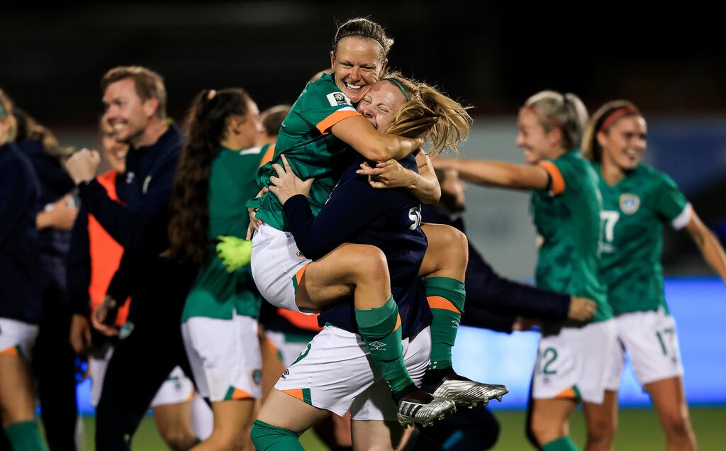 Diane Caldwell and Amber Barrett celebrate the Republic of Ireland's victory over Finland in the World Cup Group A qualifier at Tallaght Stadium. Photograph: Tom Maher/Inpho