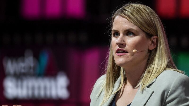 Facebook Whistleblower Frances Haugen delivers a speech on the opening day of the Web Summit in Lisbon on Monday. Photograph: Patricia de Melo Moreira/AFP via Getty Images