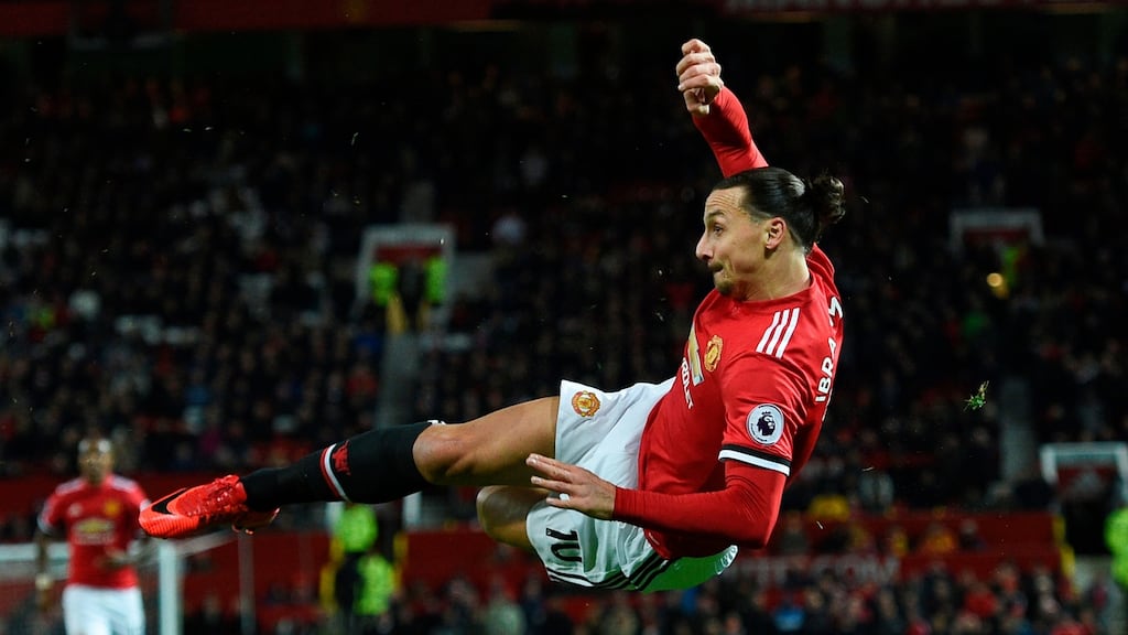 Manchester United’s Zlatan Ibrahimovic attempting a bicycle kick against Newcastle at Old Trafford. Photograph: Oli Scarff/AFP/Getty Images