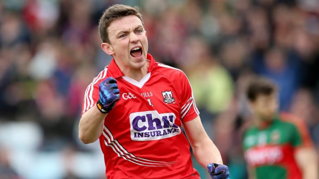 Cork’s Mark Collins celebrates scoring his side’s first goal against Mayo - one of ten during the league. Photo: James Crombie/Inpho