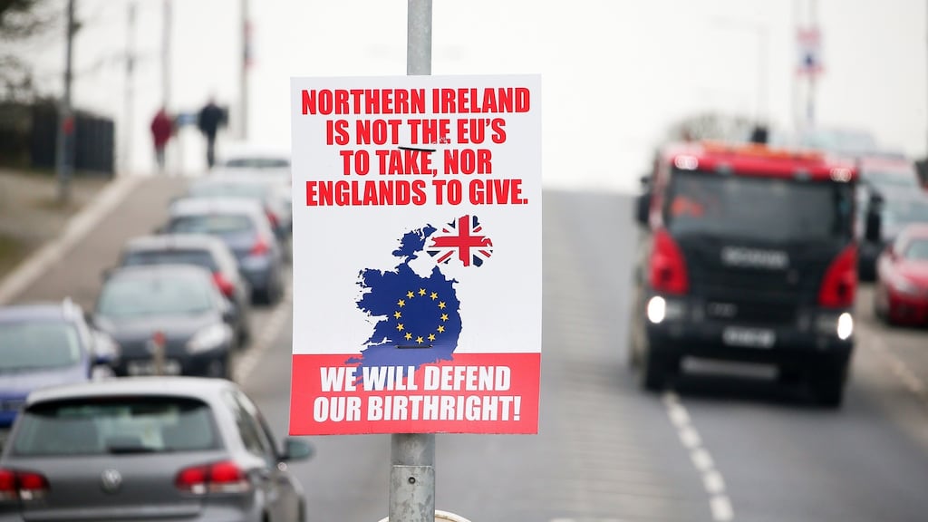 An anti-Northern Ireland protocol and sea border poster in Cookstown, Co Tyrone, in 2021.  Photograph: Jonathan Porter