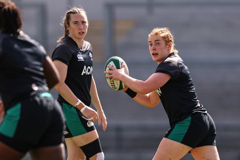 Ireland’s Eve Higgins and Niamh O’Dowd during a warm-up in Dublin. Photograph: INPHO/ Ben Brady