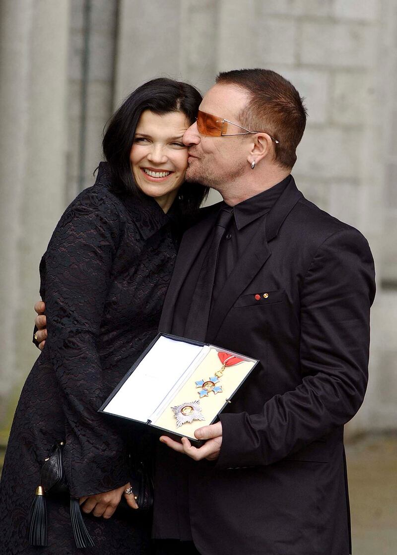Sir Bono: with his wife, Ali Hewson, after receiving an honorary knighthood from the British ambassador to Ireland in March 2007. Photograph: ShowBizIreland/Getty