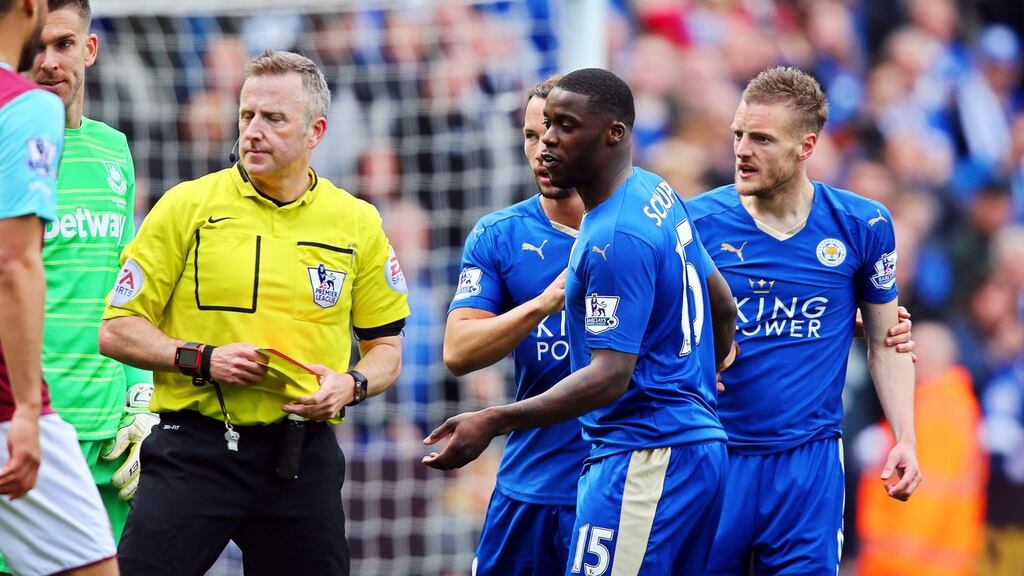 Leicester City’s Jamie Vardy shows his frustration towards referee Jonathan Moss after being sent off in his side’s Premier League win against West Ham. Photo: Tim Keeton/PA