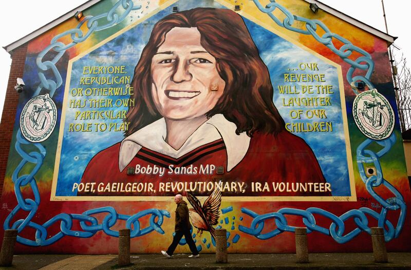 The Bobby Sands mural stands proudly in the Falls road area of Belfast. Photograph: Jeff J Mitchell/Getty Images