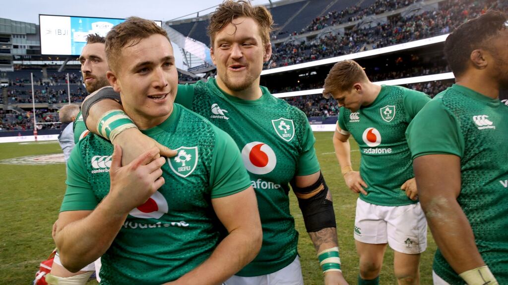 Andrew Porter celebrates with Jordan Larmour after the win over Italy at Soldier Field in Chicago in November 2018. Photograph: Dan Sheridan/Inpho