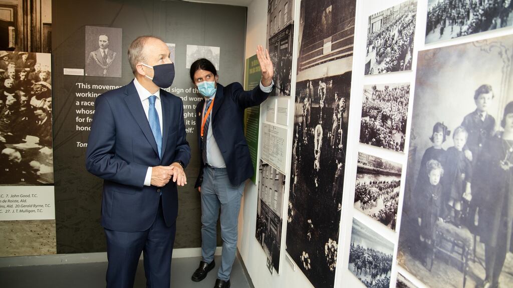 An Taoiseach Mícheál Martin with Dan Breen, Curator at Cork Public Museum, viewing the 1920 commemorative exhibition. Photograph: Darragh Kane