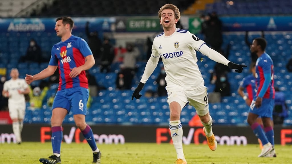 Patrick Bamford celebrates scoring Leeds’ second goal during the Premier League game against Crystal Place at Elland Road. Photograph: Jon Super/EPA