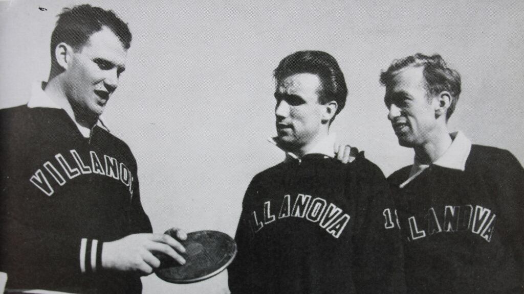 Cumin Clancy, Jimmy Reardon and John Joe Barry, the original trio of American scholarship athletes, at Villanova University in the spring  of 1949.