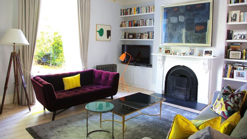 The  Profile sofa, a design by Roche Bobois,  has been upholstered in a deep pile Cabaret velvet by Jean Paul Gaultier. Photograph: Emily Quinn