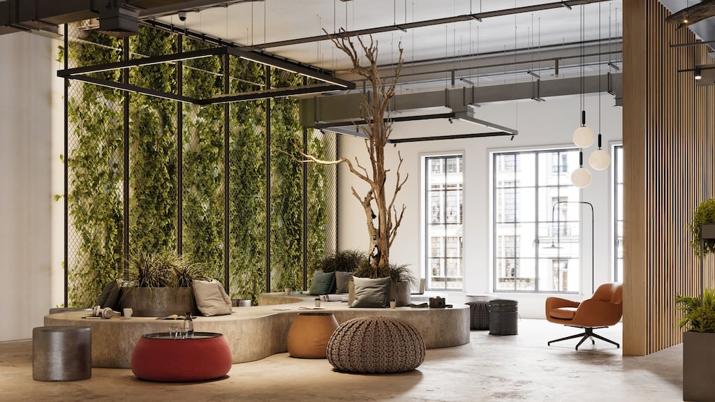 A rendering of a modern office space. There might even be a move towards office furniture that has been designed to allow teams more flexibility, introducing a sense of play into the work environment