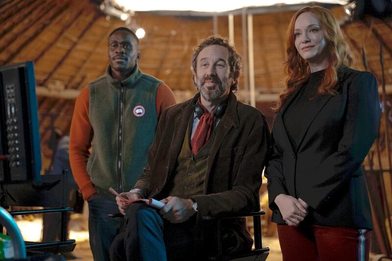 Patrick Martins, Chris O’Dowd and Christina Hendricks in Small Town, Big Story. Photograph: Sky