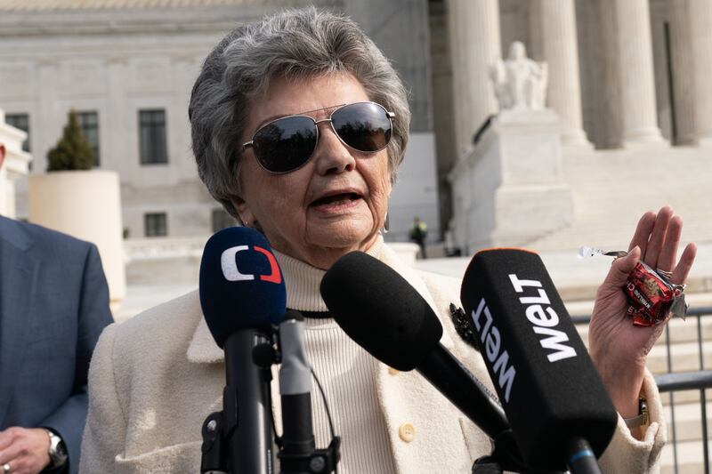 Norma Anderson, lead plaintiff in Trump v Anderson case, speaks with members of the media outside the US supreme court in Washington on Thursday. Photograph: Nathan Howard/Bloomberg