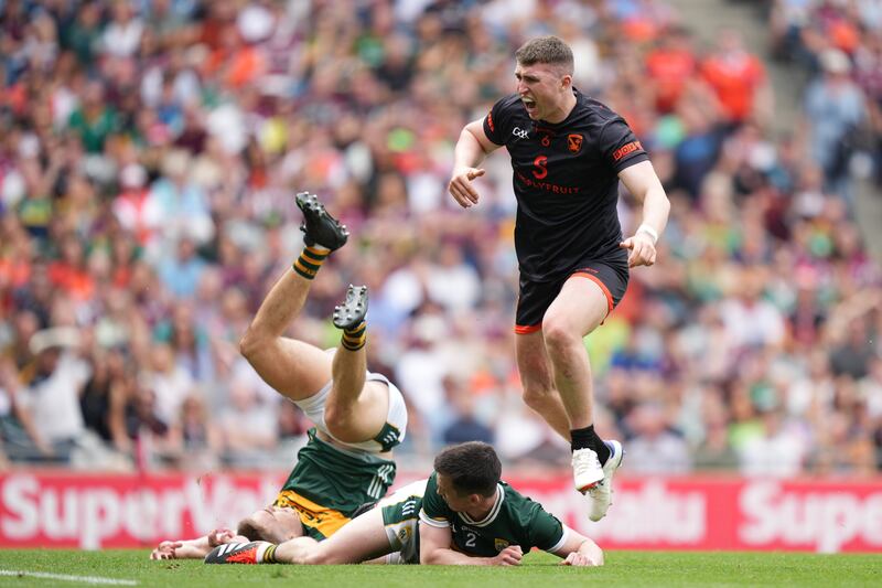 Tiernan Kelly of Armagh reacts to a missed goal chance. Photograph: James Lawlor/Inpho