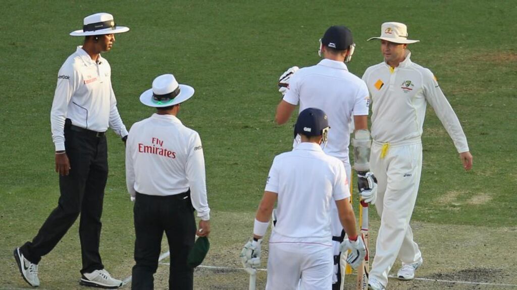 Australian captain Michael Clarke exchanges words with England’s James Anderson during day four of the First Ashes Test at The Gabba in Brisbane. Photograph: Scott Barbour/Getty Images