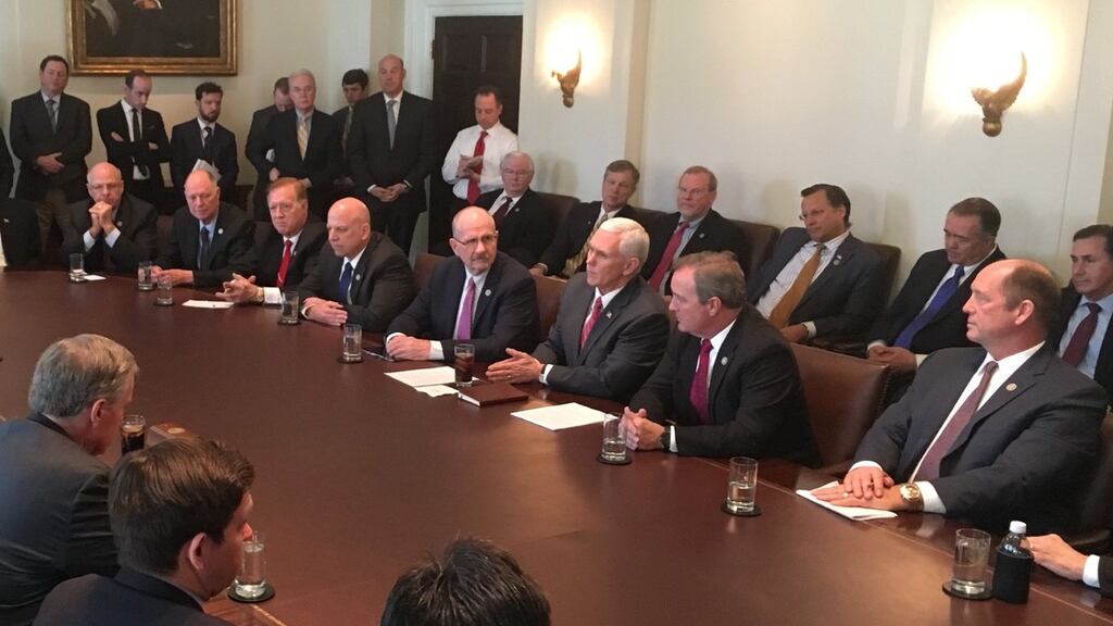 Mr Pence tweeted the photo on Thursday accompanied by the message “appreciate joining @POTUS for meeting with the Freedom Caucus again today. This is it. #PassTheBill. Photograph: Twitter